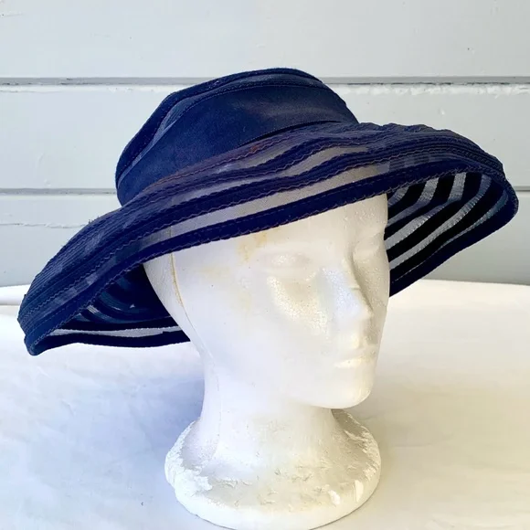 Vintage Navy Blue Open Top Sun Hat w/ Bow summer beach sun bonnet pinup retro Vintage | Accessories | Vintage Navy Blue Open Top Sun Hat W  main image 4
